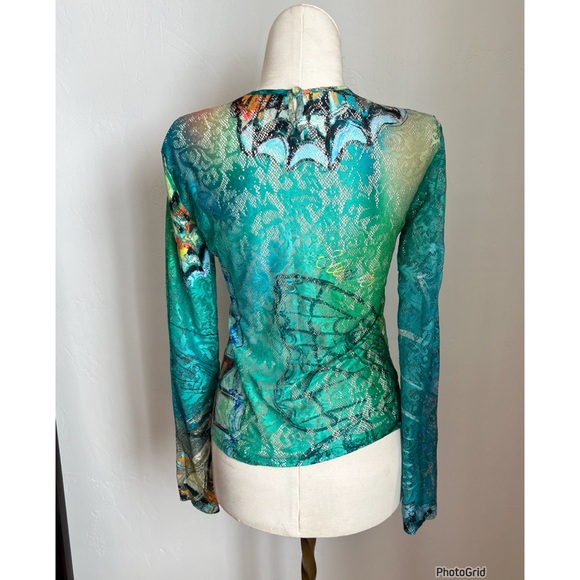 Siedres Butterfly Long Sleeve Semi Sheer Lace Top XS Green Blue - Picture 2 of 3